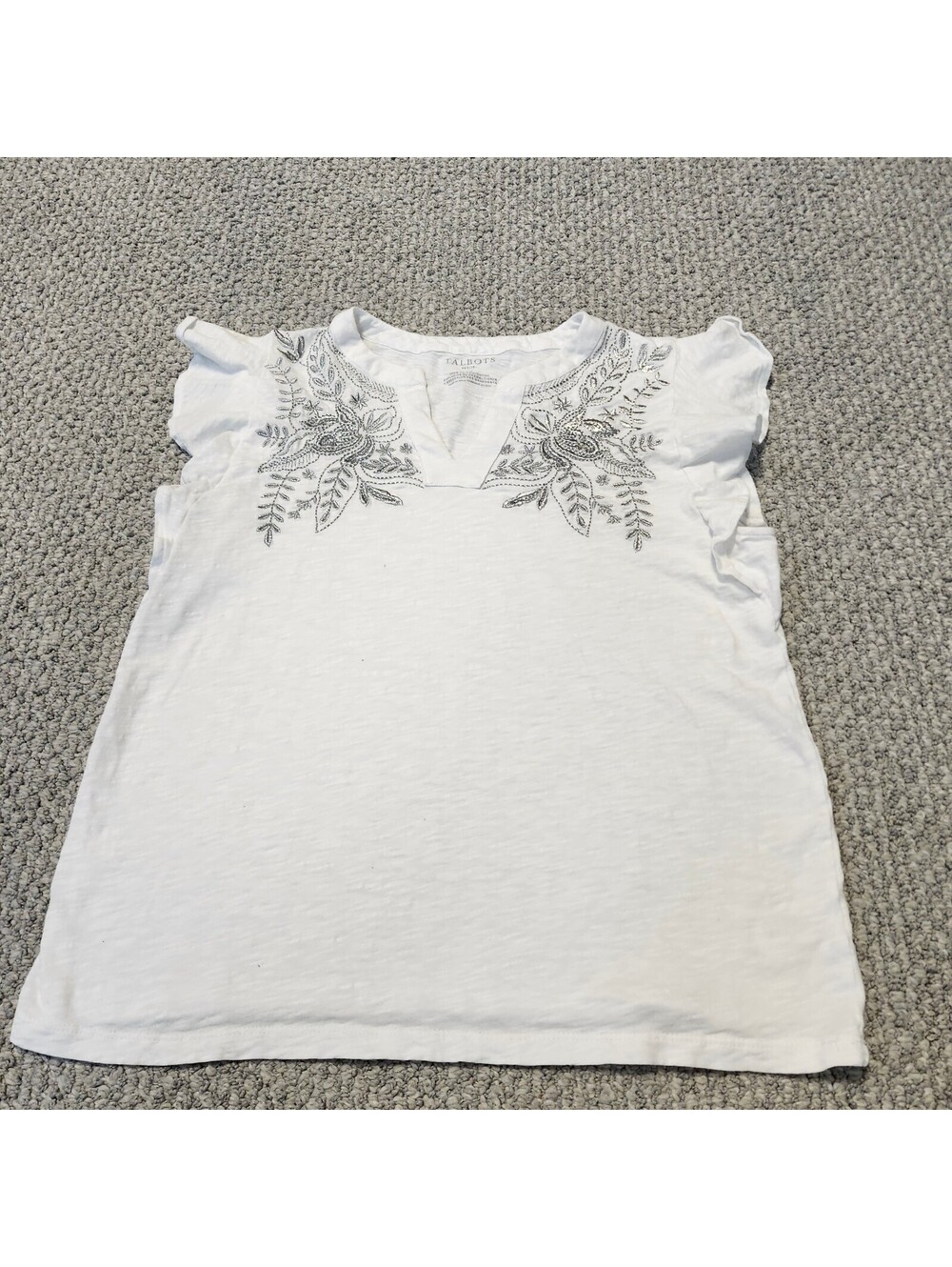 Talbots Petite White Cotton Embroidered Blouse Top Size LP
